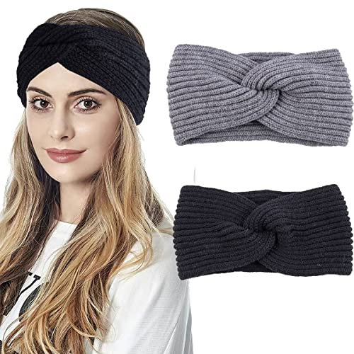 Winter Stirnband für Damen,Ohrenwärmer Gestricktes Stirnband,Elastische Häkel-Fleece Warmes Haarband Kopfwickel für Outdoor Sport(2 Farben)