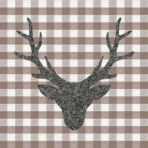 AMBIENTE 20 Servietten Tiermotive Hirschkopf auf Karo braun als Tischdeko. Papierservietten mit Motiv. Auch für Decoupage und Serviettentechnik 33x33cm
