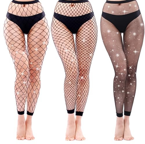 Omlalayi 3 Pièces Collants Résille à Taille Haute avec Strass, Collant sans Pied Femme, Collant Strass Femme, Collant Resille Strass, Collant Paillettes Femme, Collant Strass Mesh, Noir, Taille unique