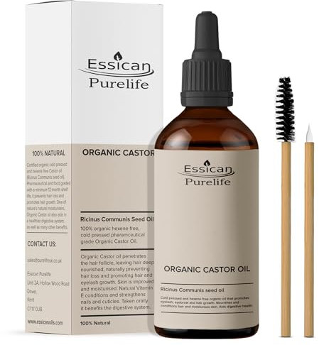 Essican Purelife Premium Organic Castor Oil - 100ml for Hair Growth, Eyelashes & Eyebrows, Face Care - 100% Pure Organic, Cold Pressed in Glass Bottle