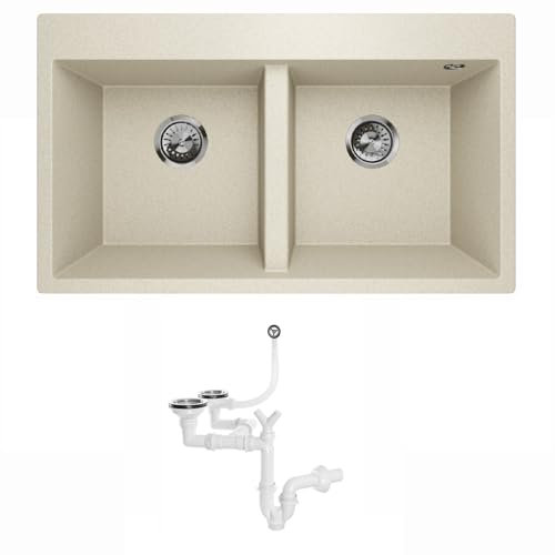 Lavello Elle 2.0 - Fregadero de granito para empotrar en la cocina, color arena beige
