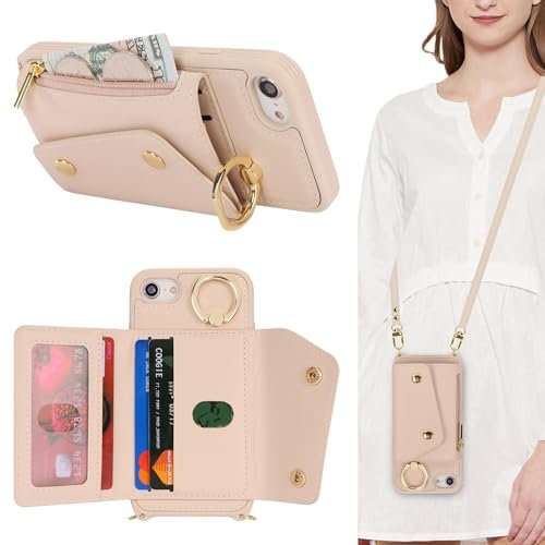 Lipvina Coque pour iPhone 8 avec Cordon Porte Carte Portefeuille Étui iPhone SE(2020/2022) avec zippé Cordon Réglable Collier Housse Etui avec Anneau pour iPhone 7 - Blanc