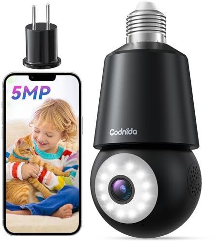 Codnida 5MP Camara de Bombilla Vigilancia WiFi Exterior/Interior, 2.4G/5Ghz PTZ Camaras Domicilio con 24/7 Grabación, Visión Nocturna en Color, Alarmas de Sonido y luz, Detección de Movimiento, Negro