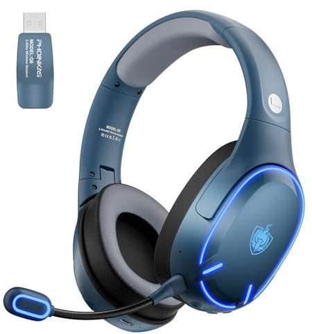 PHOINIKAS Cascos Gaming Inalámbricos para PC/PS5/PS4, Auriculares Gaming Inalámbricos de 2,4GHz USB Wireless+Bluetooth 5.3, Baja Latencia Calidad de Sonido 7.1 sin Pérdidas, 30+ Horas, Luz LED