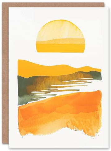 Artery8 Greeting Card Lake Sunset Orange Yellow Abstract Watercolour Blank For Him Or Her Art Birthday Card