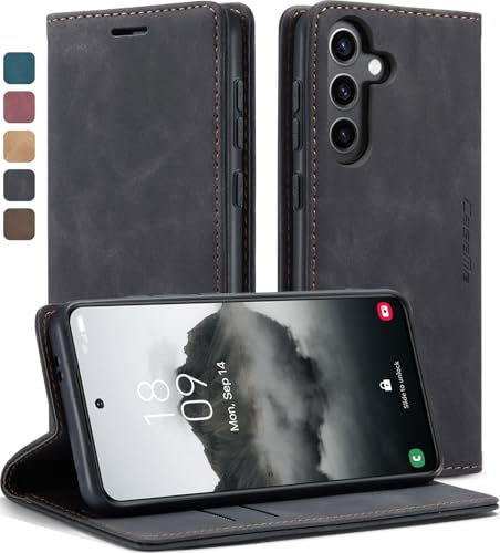 Premium Leder Flip Hülle für Samsung Galaxy S24 5G – [Inklusive kratzfestem Displayschutz] – 360° Rundum-Schutz mit Kartenfächern, Magnetverschluss & Standfunktion – S24 (Schwarz, Samsung S24)