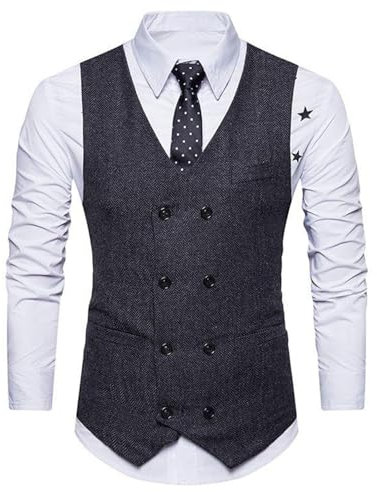 Beokeuioe Gilet formale da uomo, classico, doppio fila, bottoni, vestibilità regolare, smoking, gilet con scollo a V, per matrimonio, Natale, business, gilet per il tempo libero, A nero, XXL
