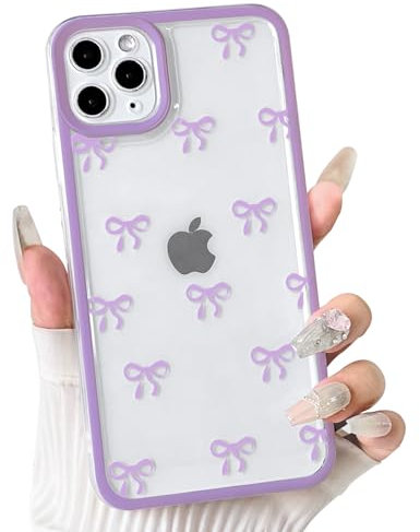 NITITOP Compatible with iPhone 11 Pro Case Cute Clear Purple Durable Ribbon Bowknot Pattern for Girls Women Soft TPU Transparent Full Camera Lens Shockproof Protective Phone Cover - Purple