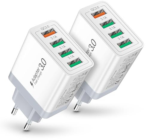 2-Pack USB Ladegerät Mehrfach, Quick Charge 3.0 schnellladegerät, 33W 4-Port Multi USB Netzteil, kompatibel mit iPhone 16 15 14 13, Galaxy 24 23 22, LG, Google Pixel (Weiß)