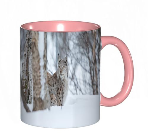 EKLMPS Becher aus Keramik, Ideal als Geschenk, Hochwertiger Aufdruck, Tasse mit Motiv, Tee Becher, Coffee Cup, 330ml,Europäischer Luchs im Schnee. Kalter Winter im Februar in Norwegen.