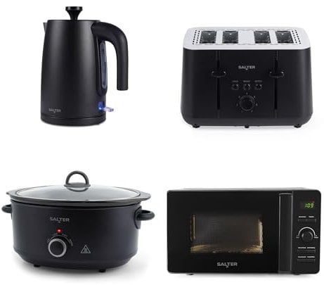 Salter Kuro Kitchen Appliance Set - 1.7L 3KW Jug Kettle, 4-Slice Toaster, 20 Litre Digital Microwave, and 6.5L Electric Slow Cooker, Matching Kitchen Appliance Set, Sleek Matte Black Design