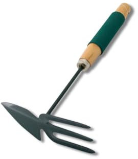 ARCUS Garden Hand Fork & Hoe - 2 in 1 Gardening Tool - Foam & Wooden Handle Ergonomic Grip - 3 Prong Rake Fork For Loosening Soil - Hand Hoe For Weeds, Planting, Cultivator - 30cm