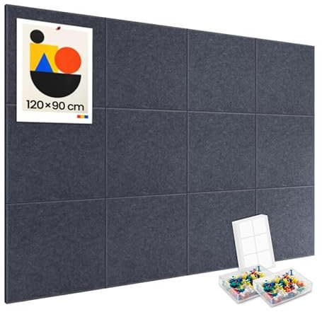 Großes Pinnwand Filz Dunkelgrau 120X90cm, inklusive 12 pack Korkplatten, 90 Pinnnadeln & 60 Sichere, abnehmbare Klebetabs, dekorative Pinwand Korktafel für Büro, Schule, Küche, Fotowände