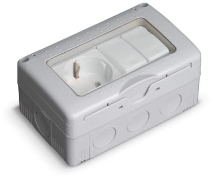 Enchufe IP55 con doble conmutador, resistente al agua, ideal para instalaciones exteriores y control de luz en espacios húmedos.