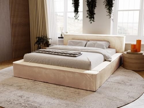 GRAINGOLD Lago Bett 140x200, Polsterbett mit Bettkasten, Polsterbett mit Stauraum, Fellstoff, mit Lattenrost, mit Kopfteil, ohne Matratze (Beige, 140x200)