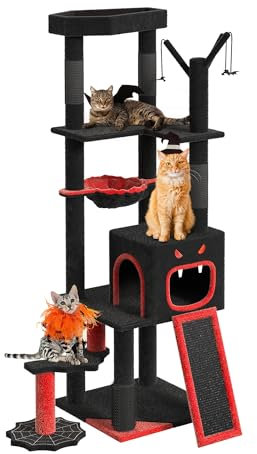 YITAHOME Gothic Cats Tree, 153 cm Tall, Stable Tree for Large Cats, XL Tree with 4 Sisal Posts, 1 Scratching Board, 1 Bed, 1 Funny Stick, Platform Nest, Cave, Halloween cat tree, Black