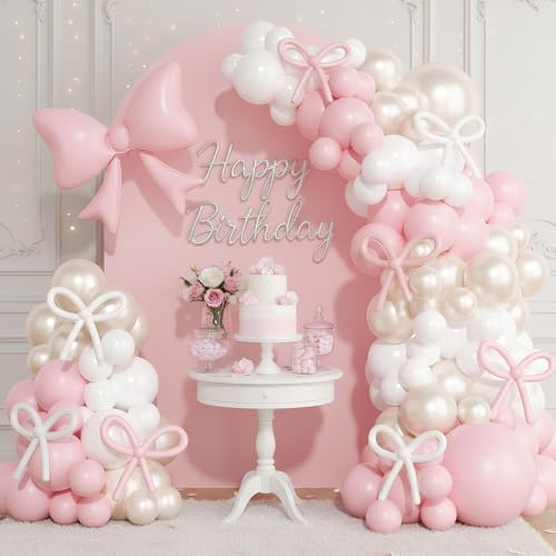 Acidea Décorations d'anniversaire Coquette - 149 pièces - Perles roses - Sable - Blanc - Nœud rose - Kit d'arche de ballons pour filles et femmes - Pour fête d'anniversaire, fête prénatale
