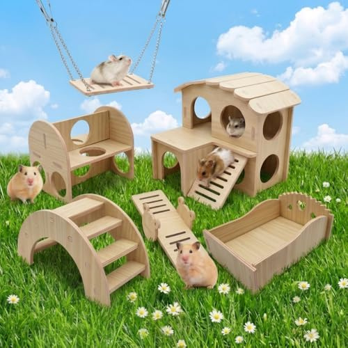 EAAGHK 6PCS Juguetes para Hamster, Incluye Casa Hamster Madera+Columpio+Puente+Balancín + Juego de Escondite + Cama, Accesorios para Hamster para Conejo, Conejillo de Indias, Animales Pequeños