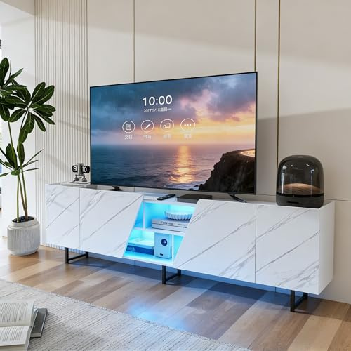 BRILVERDE Mobile TV con illuminazione a LED, effetto marmo bianco lucido, 220 cm, con porta, spazio per riporre oggetti e credenze, per soggiorno (bianco, 220 cm)