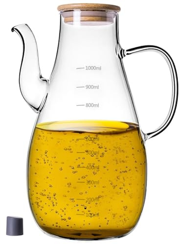 KADAX Dispensador de aceite de 1 L de vidrio de borosilicato, botella de aceite con escala de medición, boquilla y tapa, ideal para aceite de oliva, vinagre y aderezos