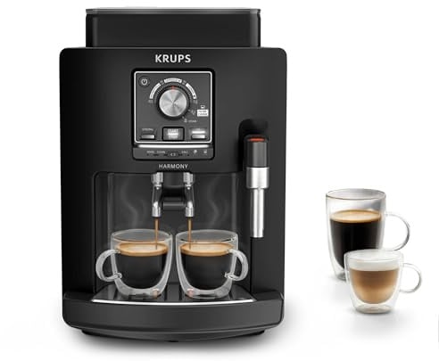 KRUPS - Harmony - Machine Espresso Automatique Noire - 4 recettes - 15 bars | Cafetière a grain pour ristretto - Espresso - Lungo et cappuccino - Mousseur manuel - Nettoyage automatique - Format compact