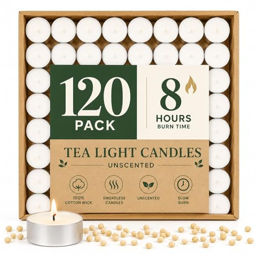 Lot de 120 bougies chauffe-plat en cire de soja 8 heures | Bougies à thé blanc non parfumées dans des tasses en aluminium, sans paraffine, pour mariages, décoration d'intérieur