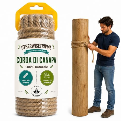 Corda di Canapa Naturale 100%, Spago Multiuso 10mmx10m per Giardinaggio, Decorazioni, Macramè e Fai da Te, (10 mm x 10M)