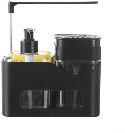 HomeVortex Ensemble de distributeur de savon de cuisine 5 en 1 avec porte-éponge, distributeur de savon à vaisselle, panier d'évier à double pompe, support de brosse et porte-linge, noir pour