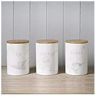 Home In Style Rustic Elegant 3 Count White Ceramic Marble Effect Air Tight Canisters with Wooden Lids for Tea Storage