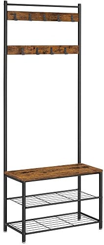 VASAGLE Porte-Manteau avec Étagère à Chaussures, Meuble d Entrée avec Banc, 3-en-1, Cadre en Acier, pour Entrée, Couloir, 32 x 70 x 177 cm, Style Industriel, Marron Rustique et Noir HSR41BX