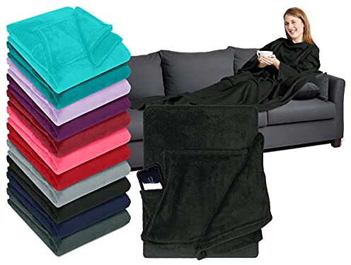 npluseins TV-Kuscheldecke - Fleecedecke mit Ärmeln, Bauch- und Smartphone-Tasche 1448.2042, schwarz