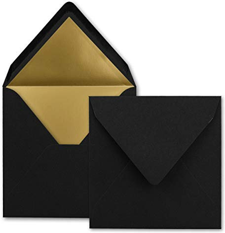 50 quadratische Brief-Umschläge - 15,5 x 15,5 cm, Schwarz - (Schwarz) - mit Gold-Papier gefüttert - Nassklebung - FarbenFroh by GUSTAV NEUSER