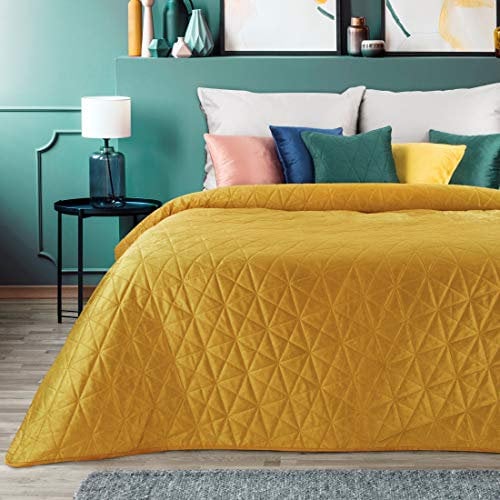 Eurofirany Zweiseitige Tagesdecke, LUIZ,3 Velvet/Satin, Bettüberwurf, Steppdecke, Weiche Sofadecke, Steppung Karomuster, Sesselschoner; (Gelb, 170 x 210 cm)