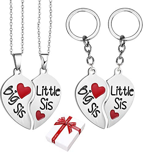 Liitata Set di 2 collane per sorella e 2 portachiavi con ciondolo a forma di cuore Big Sis Little Sis Little Sis Set portachiavi per amiche ragazze compleanno souvenir