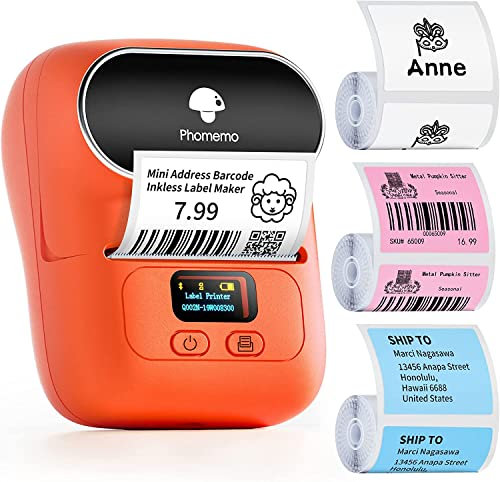 Phomemo M110 Etikettendrucker,Bluetooth Beschriftungsgerät Selbstklebend Etikettiergerät Tragbarer Labeldrucker für Barcode Aufkleber Drucker mit 3 Rolle 40x30mm Etikett, Orange