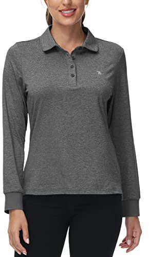 Rdruko Ladies Long Sleeve Polo Shirts Breathable Quick Dry Casual Sports Gym Work Golf Tennis Running Top Women Dark Grey M