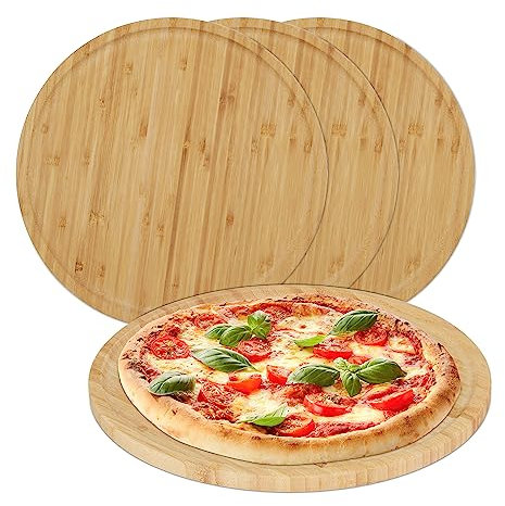 Relaxdays Pizzateller, 4er Set, Bambus, Ø 32 cm, Servierbrett für Pizza, Flammkuchen, Käse, rundes Pizzabrett, natur