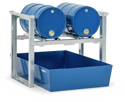 DENIOS Fassregal/Abfüllstation für 2 Fässer à 60 Liter, lackierte Auffangwanne, 1049 x 1236 x 837 mm