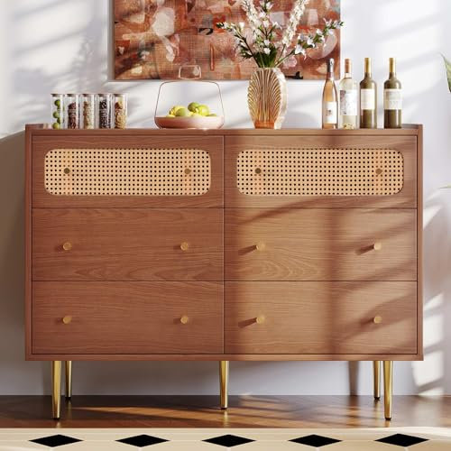 KOMHTOM Commode avec 6 Tiroirs Sideboard Meuble de Rangement en Bois Armoire pour Adulte Chambre à Coucher, Cuisine, Bureau, Couloir, Noyer, 120x40x90CM (B)