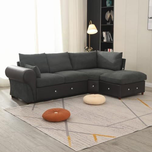 Panana Fabric and Faux Leather Corner Sofa 3-4 Seater L Shape Sofa with Built- in USB Port Chaise, Dark Grey