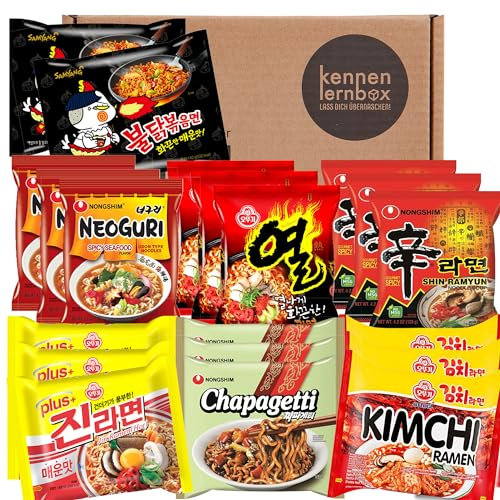Kennenlernbox 20er Ramen Mix | 7 oder 8 verschiedene Sorten, ausgewähter Mix aus vielseitigen Geschmacksrichtungen | Koreanische Buldak Instant-Nudeln Geschenkbox