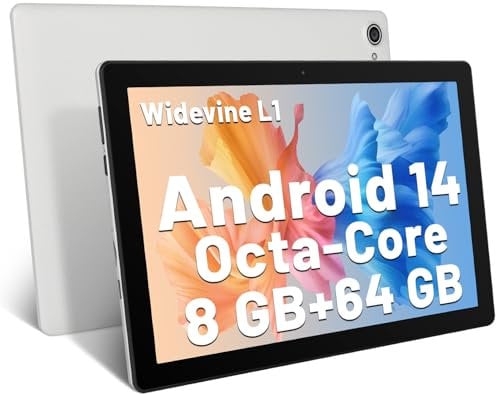 Tablet 10 Zoll Android 14 Octa-Core 8 GB RAM 64 GB ROM (1 TB TF) 1280x800 IPS Touchscreen GMS-zertifizierter Tablet-PC 2,4 GHz / 5 GHz WiFi Bluetooth 5,3 Widevine L1 Dual-Kamera-Lautsprecher (Weiß)