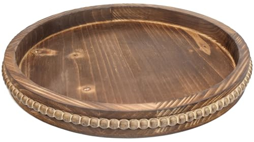Lnofemin Round Burnt Wood Serving Tray with Beads, Wooden Decorative Tray for Entertaining, Decoration, and Gifting,