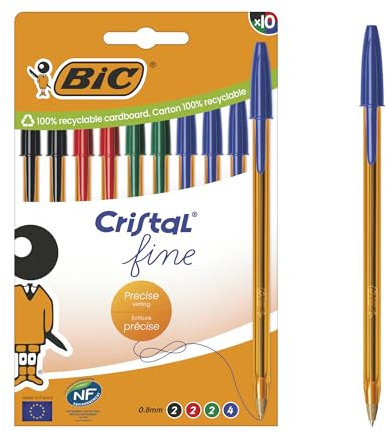 BIC Cristal Original Fine Bolígrafo Punta Fina (0,8 mm) con cuerpo naranja translúcido - Colores de tinta surtidos, caja de cartón de 10