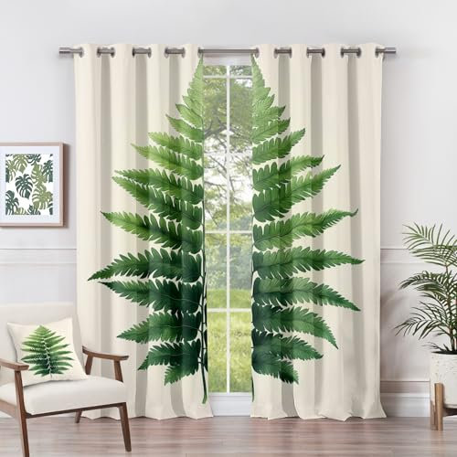 Fern Leaves Green Eyelet Curtains - Fern Curtains - Green Leaf Botanical Blackout Curtains 46 x 54 Inch (Width x Drop) 2 Panels, Nature Plant Eyelet Curtains & Drapes