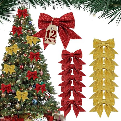 Frypay 12 Stück 12x14cm Weihnachtsschleifen Rot und Gold, Weihnachten Schleifen Bogen Weihnachtsbaumschmuck Deko für Weihnachtsbaum Weihnachtskranz Tannenbaum Weihnachtsbaumschleifen