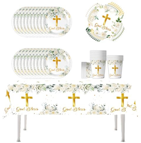 Fuwraixis 61 Piezas Crucifijo Floral Vajilla, Bebé Comunión Bautizo Fiesta Vajilla, Niñas Tema de la Fiesta Suministros Set, Adecuado para la Celebración del Aniversario, Para 20 Personas