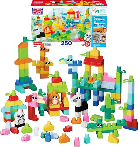MEGA BLOKS Fisher-Price Bausteinespielzeug für Kleinkinder, Tier-Spielbausteine mit 250 Teilen und wiederverwendbarem Aufbewahrungsbeutel, für Kinder ab 1 Jahr, JCF93