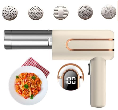Pasta Machine Pasta Maker, 5-in-1 Cordless Noodle Maker Handheld with Power Indicator, Portable Stainless Pasta Machine Automatic Spaghetti Maker for Kitchen Homemade Pasta, Beige.