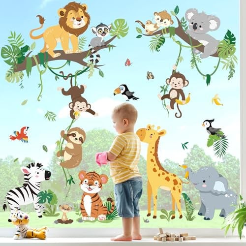 decalmile Fensteraufkleber Kinderzimmer Tiere Fenster Abziehbilder Safari Tiere Löwe Elefant Giraffe Anti-Kollision Fenstersticker Frühling Sommer Glas Fensterdeko Aufkleber Kinderzimmer